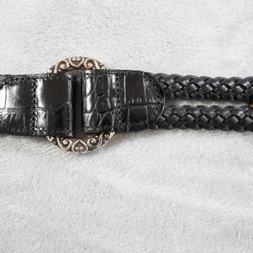 Brighton Leather Belt Womens 32 M Black Silver Buckle Braided Statement